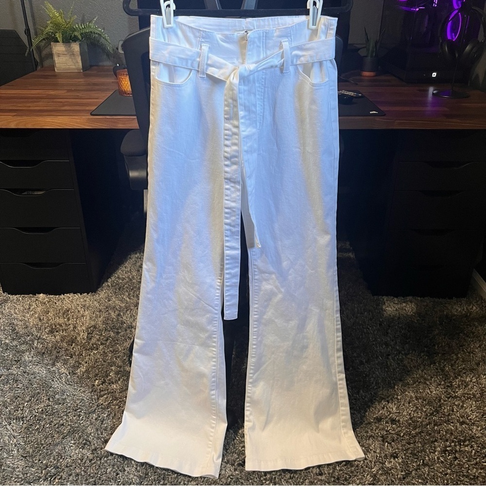 Jealous Tomato White Flare Wide Leg Jeans with Self Tie Belt